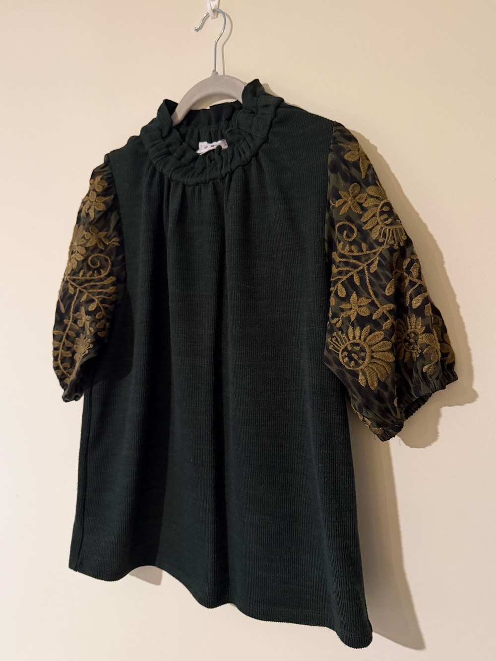 THML Olive Green Blouse with Embroidered Sleeves